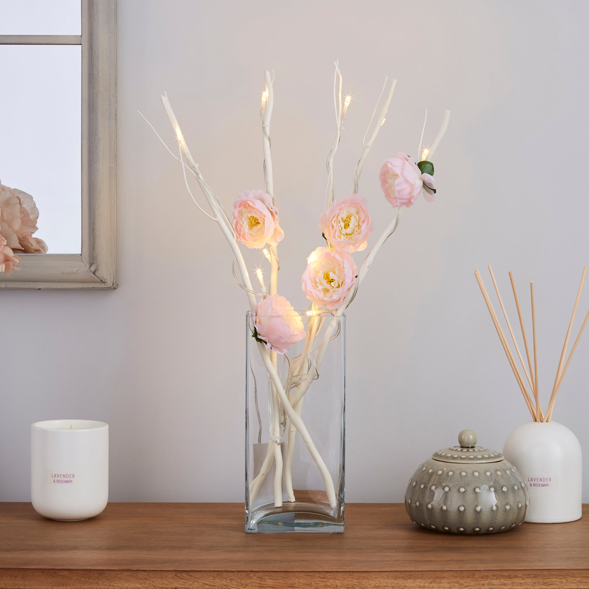 Pink Peony White Mini Twig Lights Pink