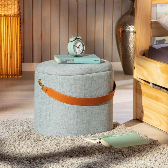 Dilia Fabric Storage Ottoman In Grey With Leather Strap