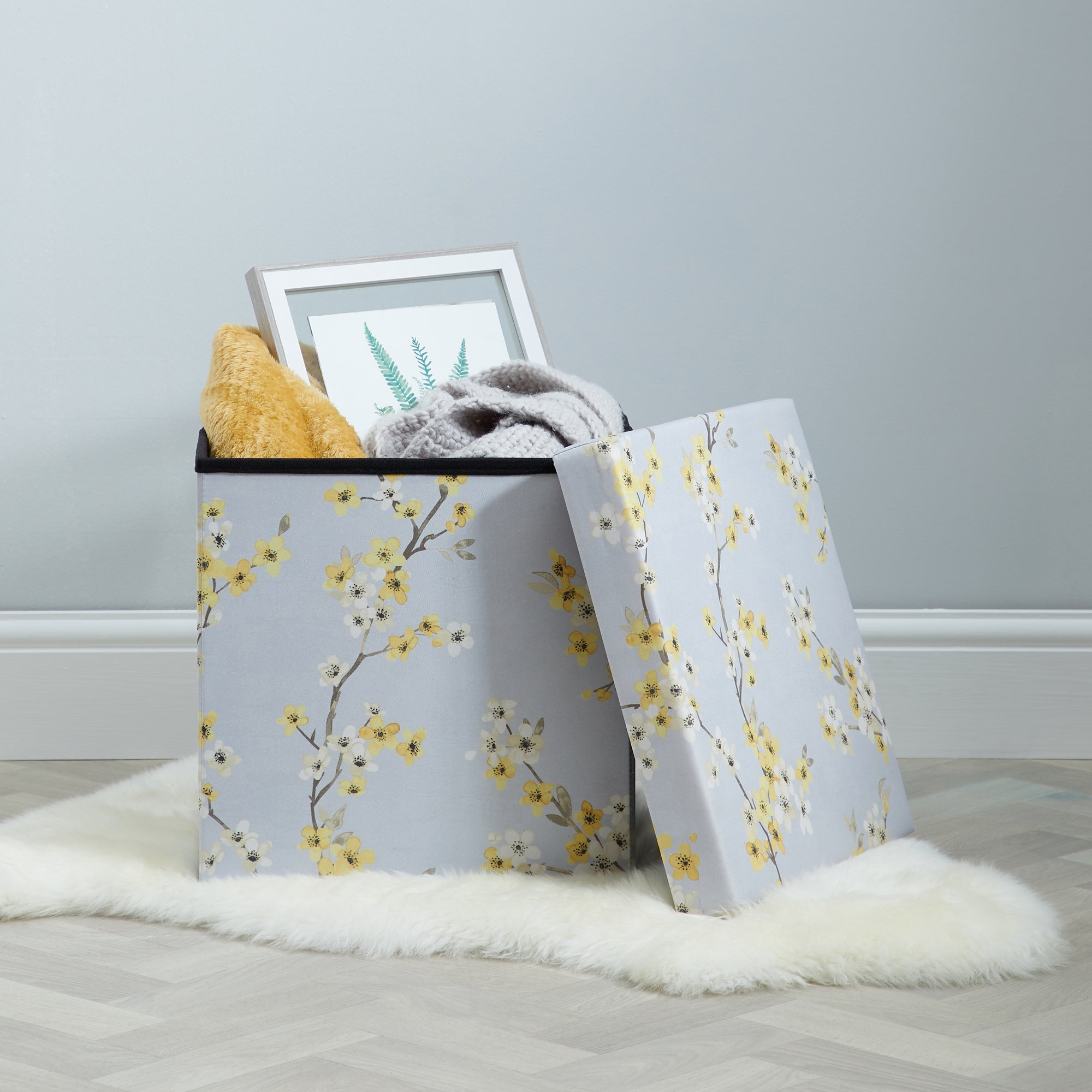 Alisha Floral Foldable Cube Ottoman Blue, Yellow and White