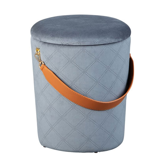 Nevis Fabric Storage Ottoman In Light Grey With Leather Strap
