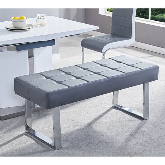 Austin Dining Bench In Grey Faux Leather With Chrome Base