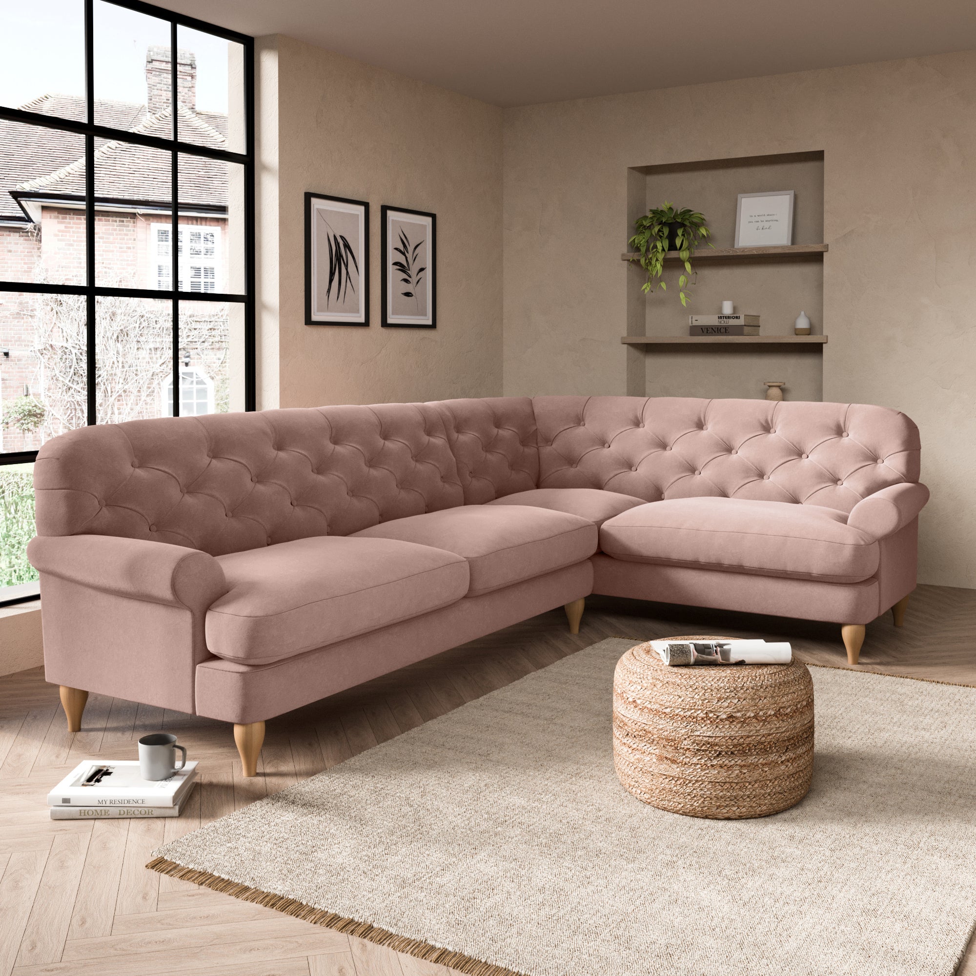 Canterbury Luxury Velvet Right Hand Corner Sofa Luxury Velvet Peach Blush