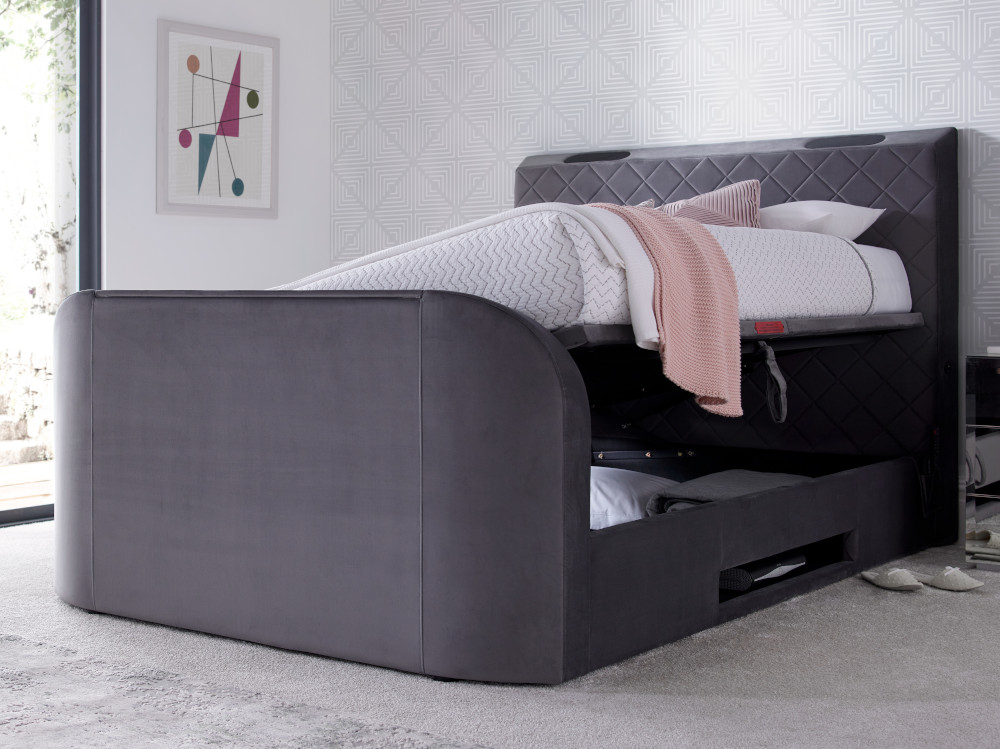 Paris Grey Velvet Ottoman Electric Media TV Bed - 5ft King Size