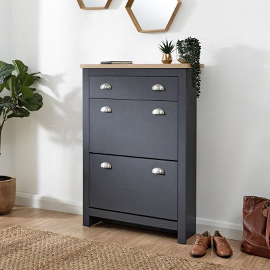 Valencia Shoe Storage Cabinet In Slate Blue And Oak