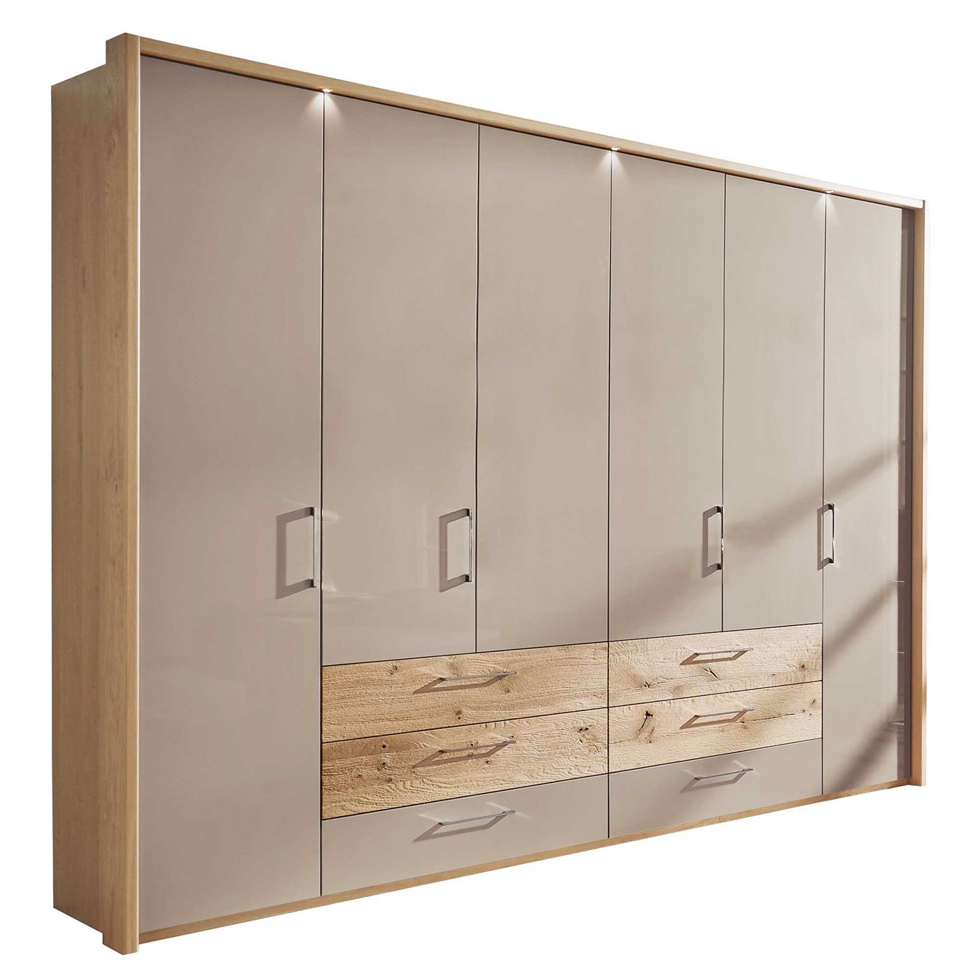 Olvera 6 Door Hinged Wardrobe, Balken Oak and High Gloss Taupe