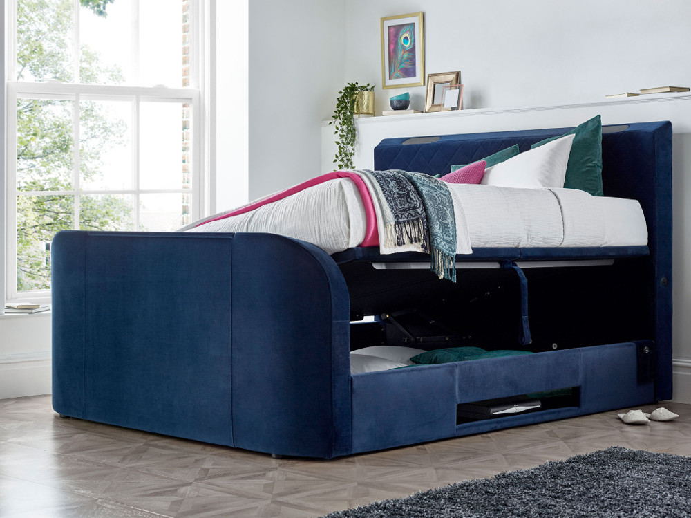 Paris Blue Velvet Fabric Ottoman Electric Media TV Bed Frame - 5ft King Size