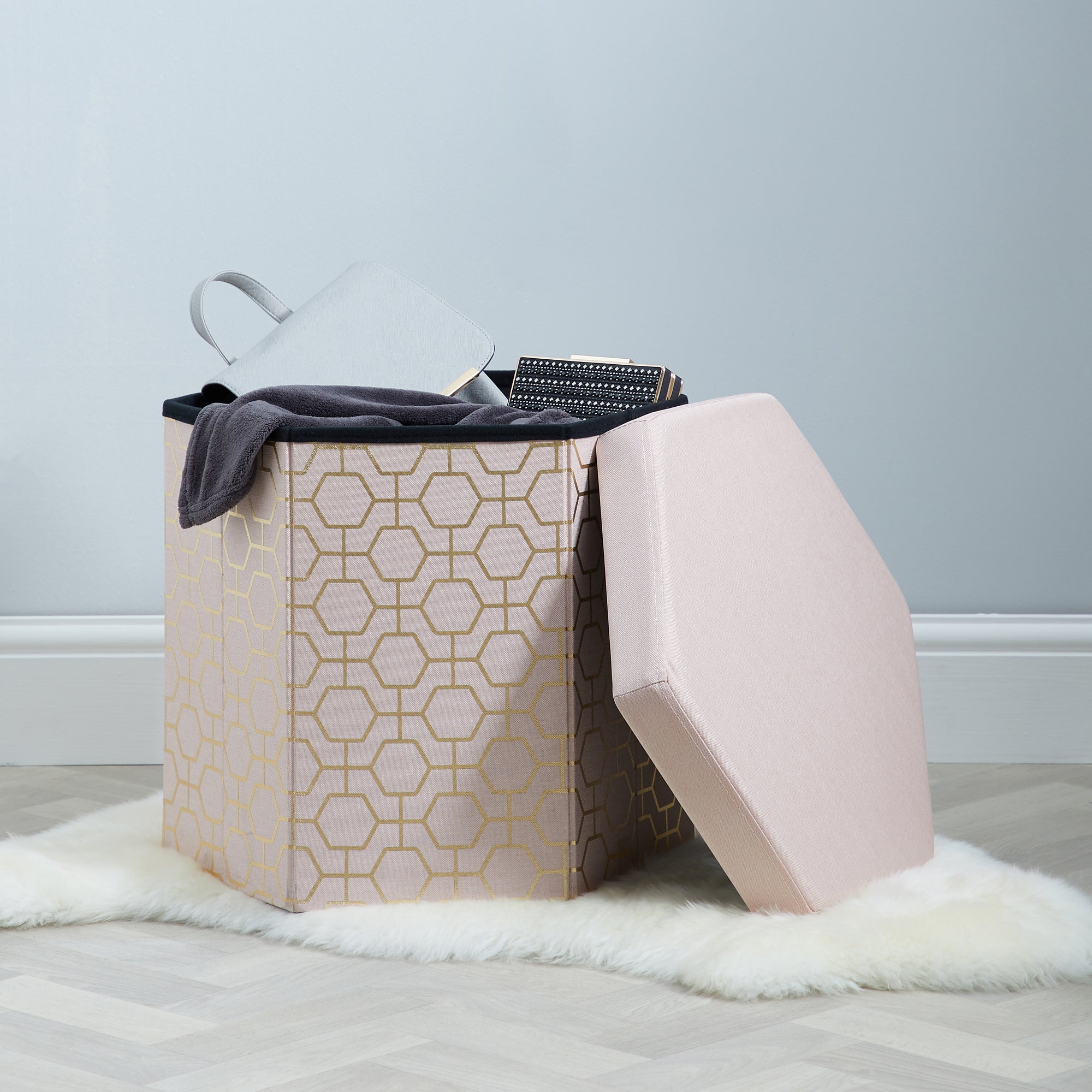 Blush Pink Hexagonal Geometric Foldable Ottoman Pink and Gold