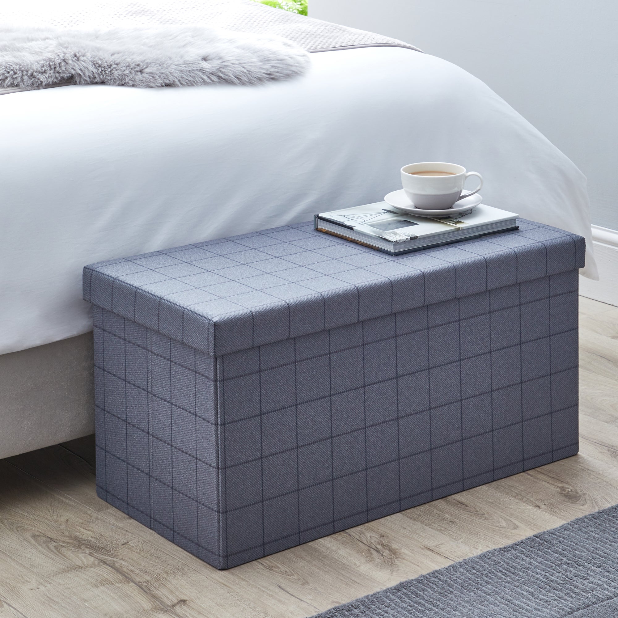 Grey Check Foldable Ottoman Grey