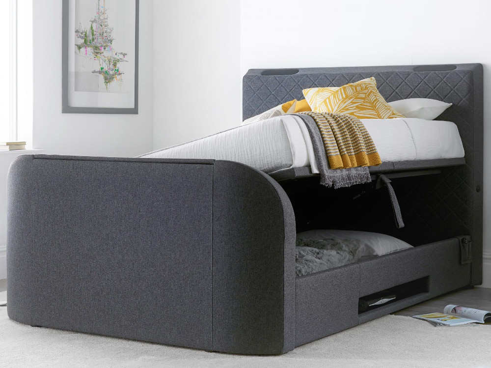 Paris Grey Fabric Ottoman Electric Media TV Bed Frame - 5ft King Size