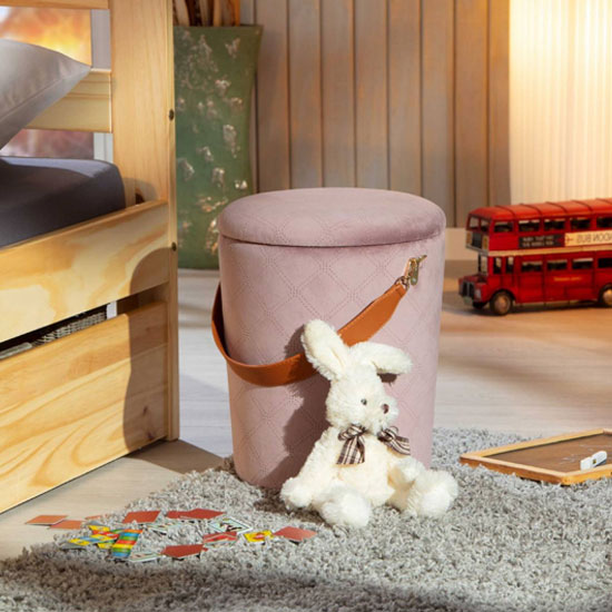 Nevis Fabric Storage Ottoman In Pale Pink With Leather Strap