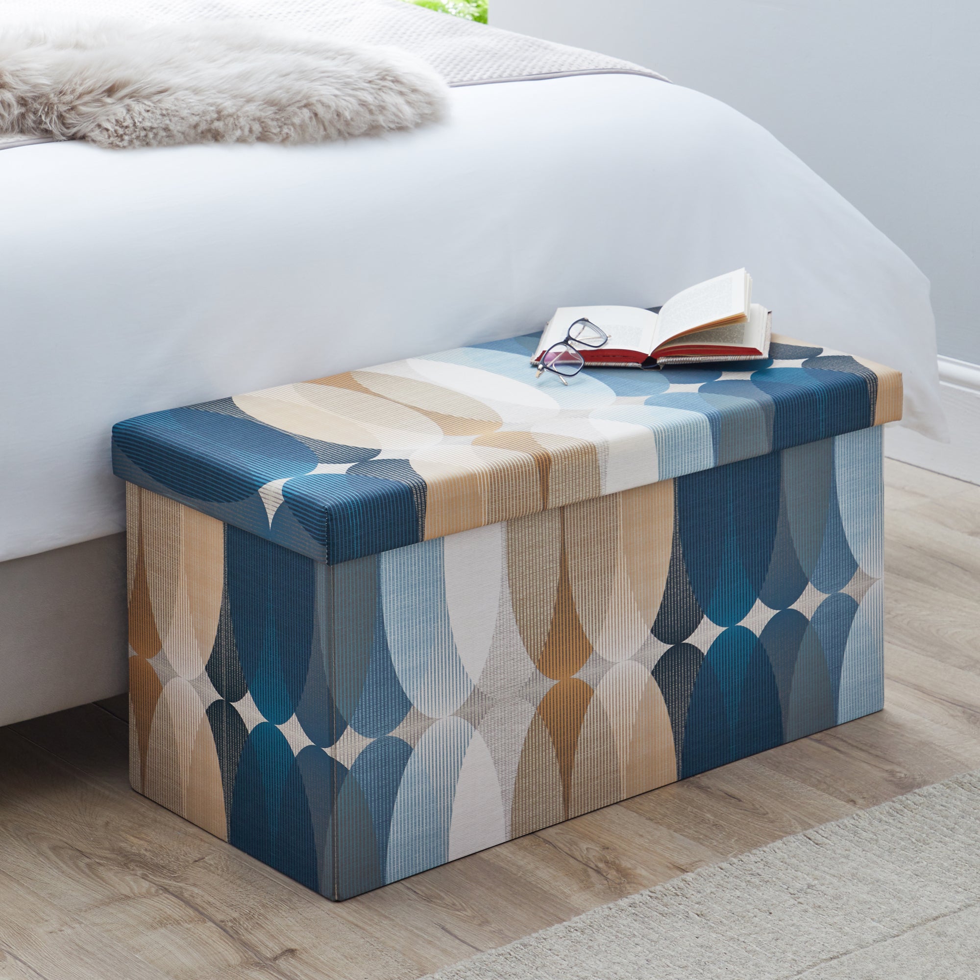 Elements Elijah Foldable Ottoman Blue, White and Brown