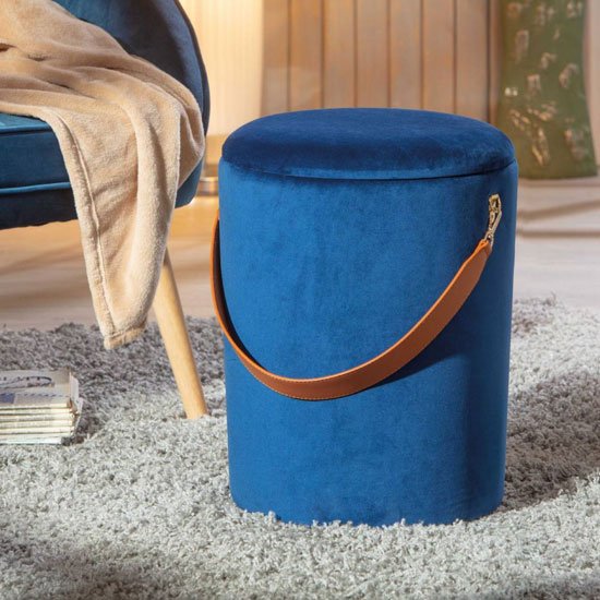 Papua Fabric Storage Ottoman In Night Blue With Leather Strap
