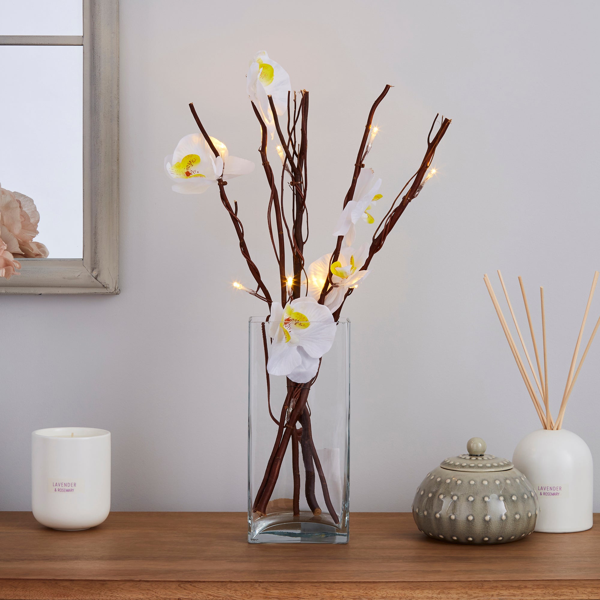 White Orchid Brown Mini Twig Lights White