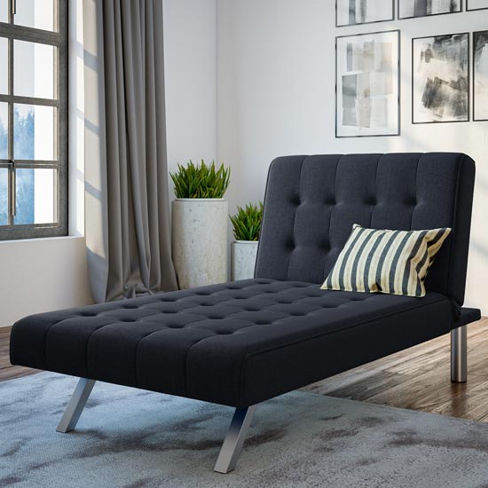 Emily Faux Leather Chaise Single Sofa Bed In Navy Linen Blue