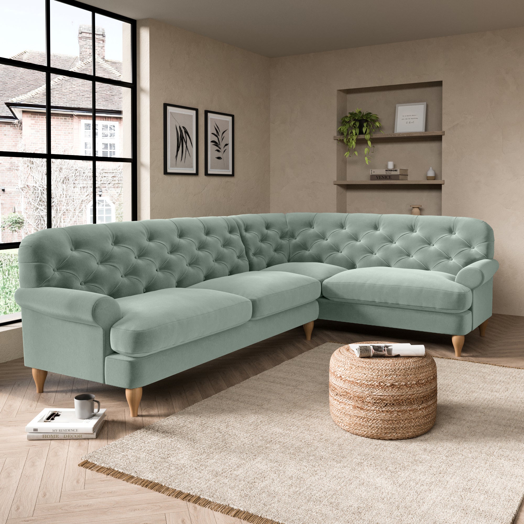 Canterbury Luxury Velvet Right Hand Corner Sofa Green