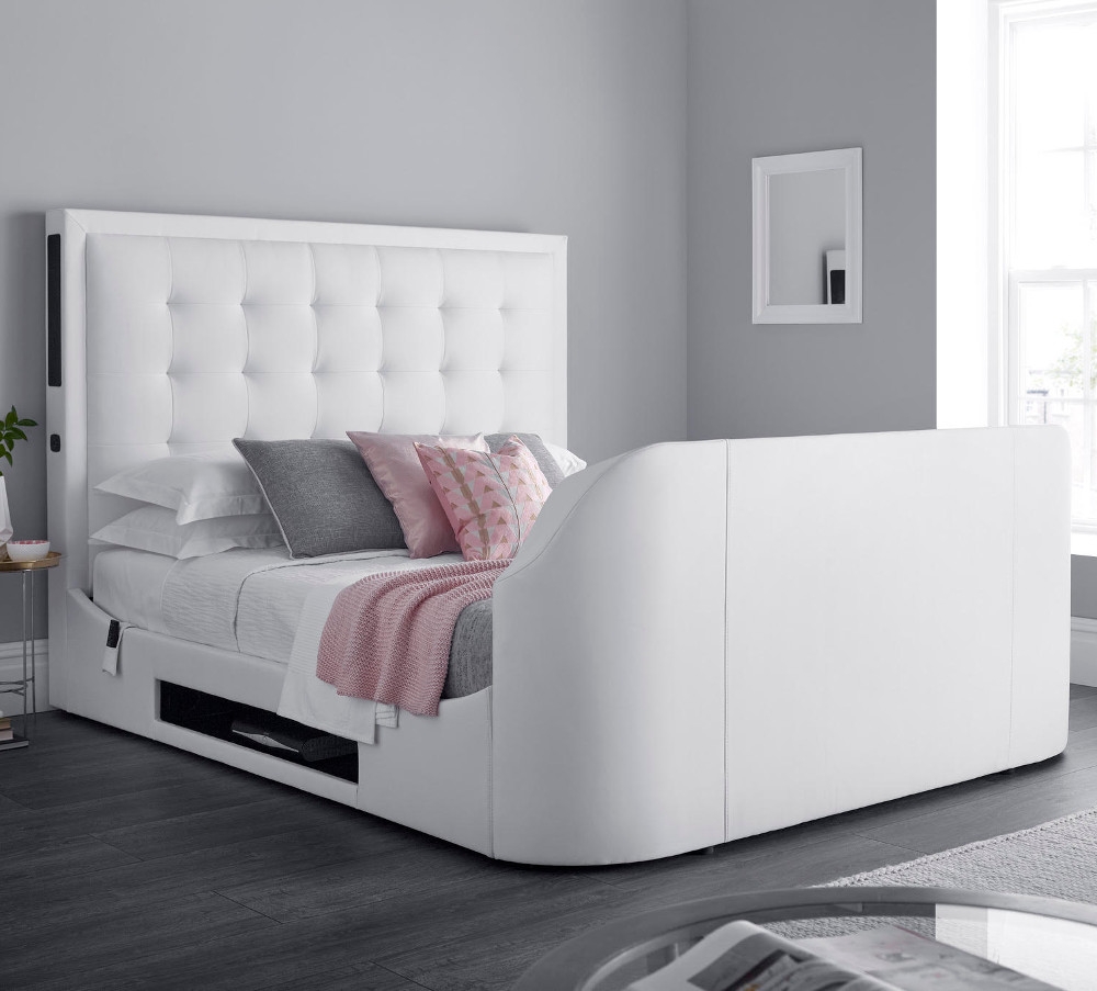 Titan 2 White Leather Media Electric TV Bed Frame - 5ft King Size