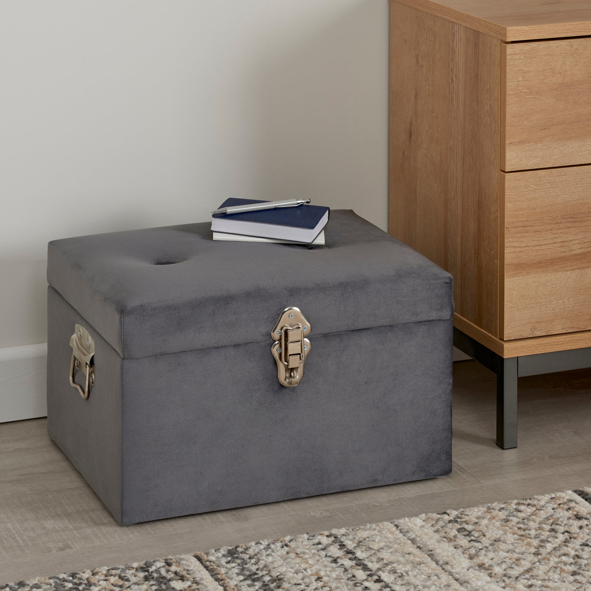 Luxe Grey Velvet Storage Trunk Grey