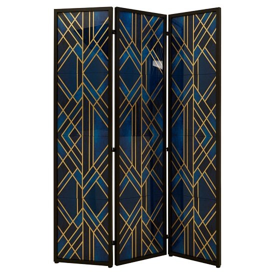 Kitalpha Wooden Folding Patterned Blue And Gold Room Divider