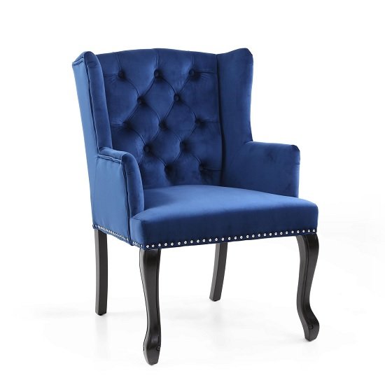 Arlington Accent Chair In Brushed Velvet Blue With Wooden Legs