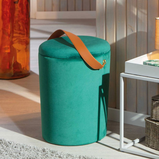 Papua Fabric Storage Ottoman In Green With Leather Strap