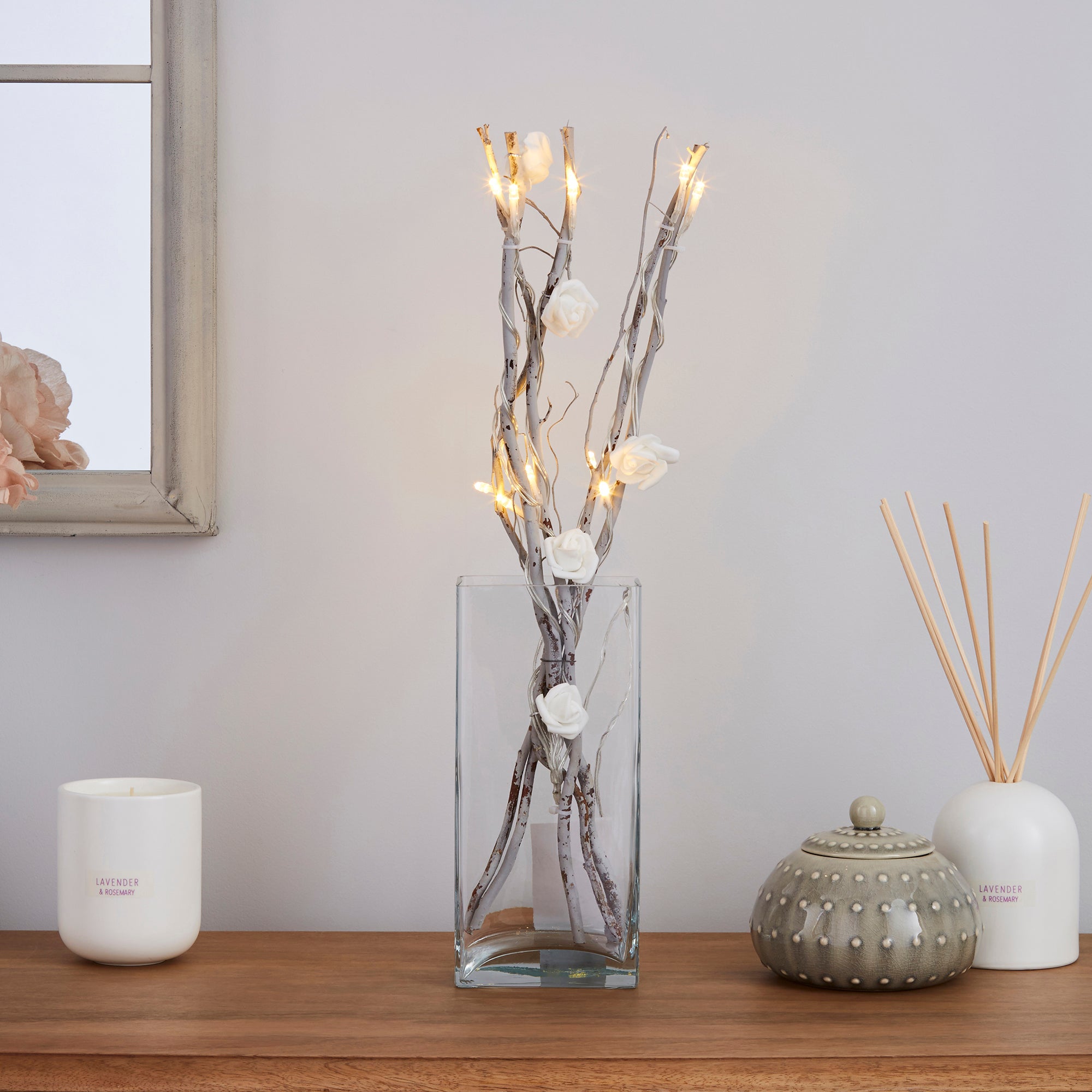 White Rose Silver Twig Lights White