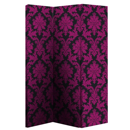Damask Black And Pink Room Divider With Flock Effect