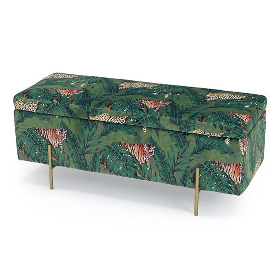 Lola Velvet Storage Ottoman In Jungle Print