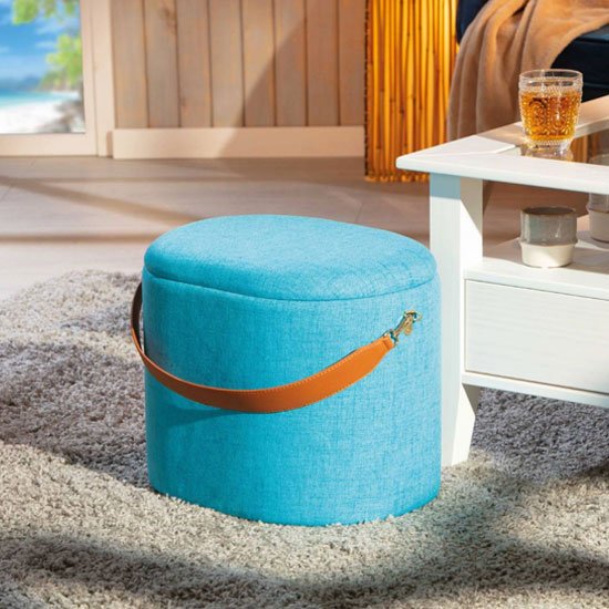 Dilia Fabric Storage Ottoman In Ocean Blue With Leather Strap